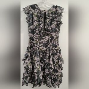 Fairycore Cascading Ruffles Black Floral Mini Dress XS